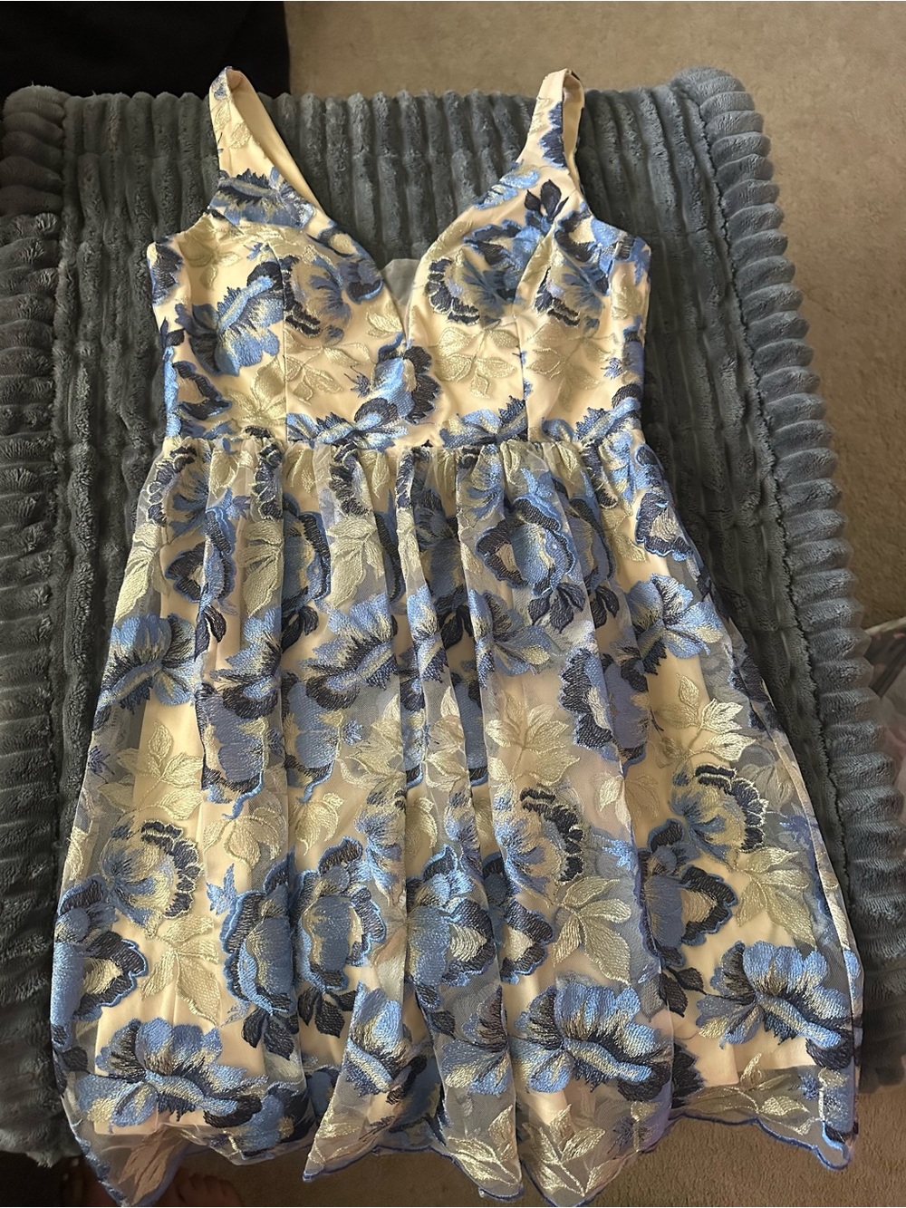 MARINA Blue and Cream Floral Fit-and-Flare Mini Dress
